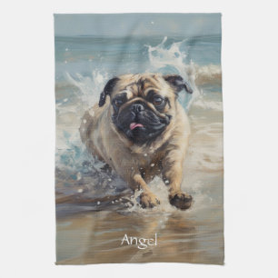 Happy Pug at the Beach customizable Kitchen Towel