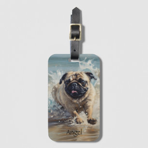 Happy Pug  at the Beach customizable Luggage Tag