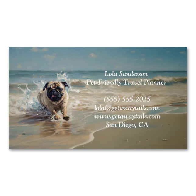 Happy Pug  at the Beach customizable Magnetic Business Card (Front)