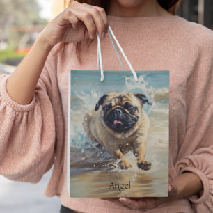 Happy Pug  at the Beach customizable Medium Gift Bag