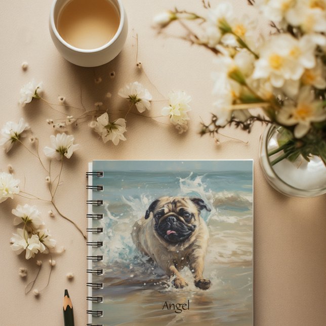 Happy Pug  at the Beach customizable Notebook (Creator Uploaded)