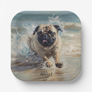 Happy Pug  at the Beach customizable Paper Plate