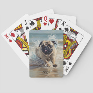 Happy Pug at the Beach customizable Playing Cards