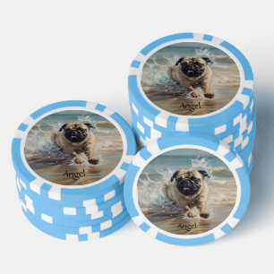 Happy Pug at the Beach customizable Poker Chips