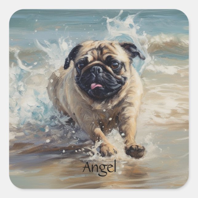Happy Pug  at the Beach customizable Square Sticker (Front)