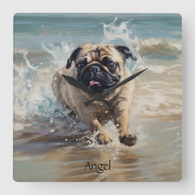 Happy Pug  at the Beach customizable Square Wall Clock (Front)