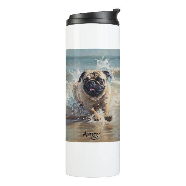 Happy Pug  at the Beach customizable Thermal Tumbler (Rotated Left)