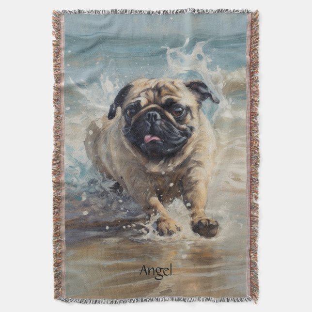 Happy Pug  at the Beach customizable Throw Blanket (Front Vertical)