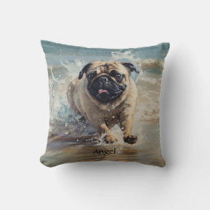 Happy Pug at the Beach customizable Throw Pillow