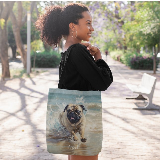 Happy Pug  at the Beach customizable Tote Bag (Creator Uploaded)