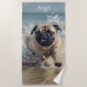 Happy Pug at the Beach customizable Towel
