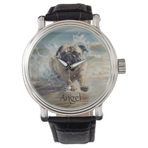 Happy Pug  at the Beach customizable Watch