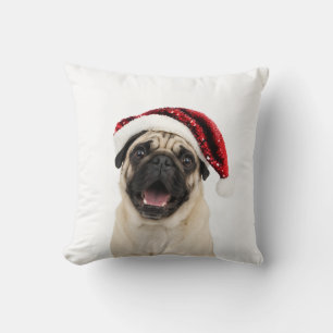 Happy Pug Wearing Sparkly Red Santa Hat Christmas Throw Pillow