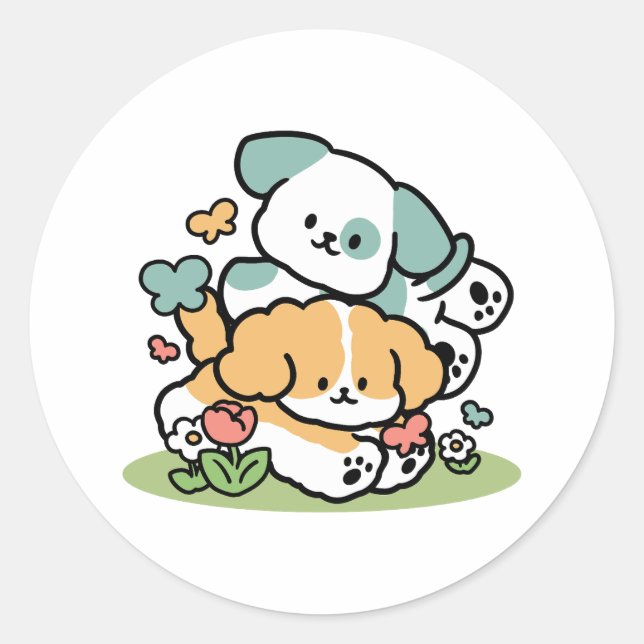 Happy Puppies Rolling Into May – Kawaii Dog Art Classic Round Sticker (Front)