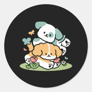 Happy Puppies Rolling Into May – Kawaii Dog Art Classic Round Sticker