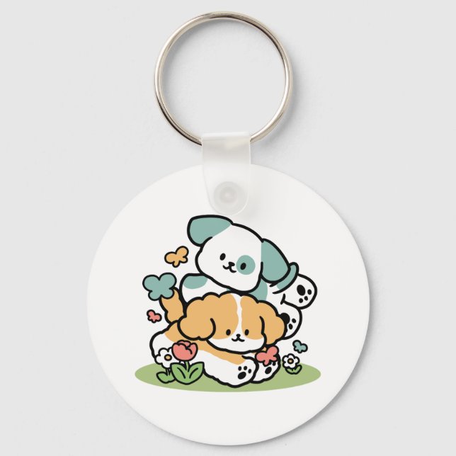 Happy Puppies Rolling Into May – Kawaii Dog Art Keychain (Front)