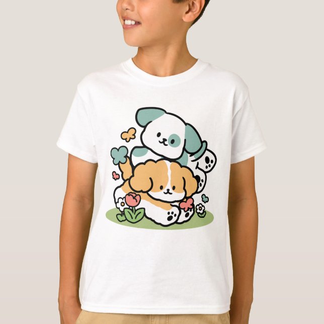Happy Puppies Rolling Into May – Kawaii Dog Art T-Shirt (Front)