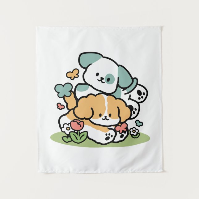 Happy Puppies Rolling Into May – Kawaii Dog Art Tapestry (Front)