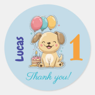 Happy Puppy, Boy, Let's Pawty, 1st Birthday Classic Round Sticker