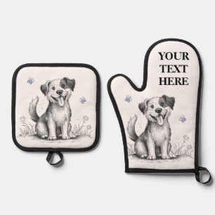 Happy Puppy Dog Personalize Name Text Blue Oven Mitt & Pot Holder Set