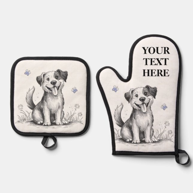 Happy Puppy Dog Personalize Name Text Blue Oven Mitt & Pot Holder Set (Front)