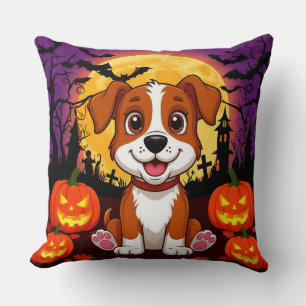 Happy Puppy in a Halloween Setting with Pumpkins Throw Pillow