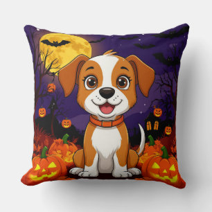 Happy Puppy in a Halloween Setting with Pumpkins Throw Pillow