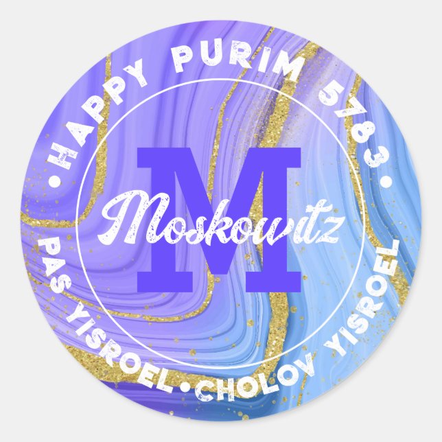 Happy Purim Agate Glitter Monogram Kosher Info  Classic Round Sticker (Front)