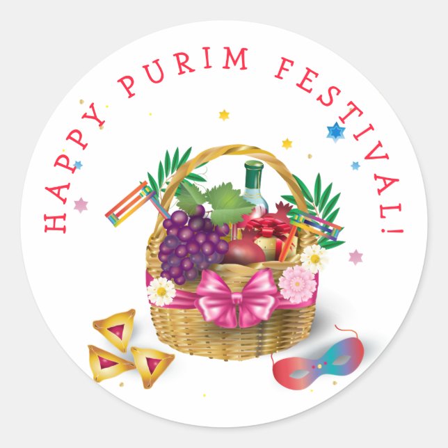 Happy Purim Basket Gifts, Decoration, Ornaments Classic Round Sticker (Front)