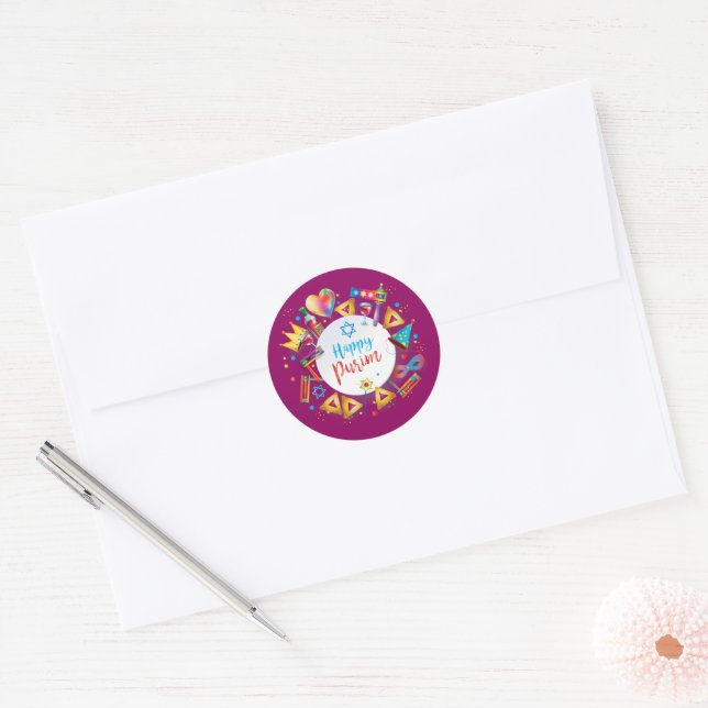 Happy Purim Basket Gifts, Decoration, Ornaments Classic Round Sticker (Envelope)