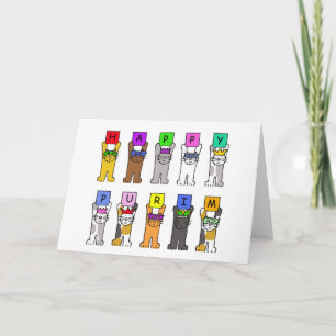 Happy Purim cartoon cats in masks. Card