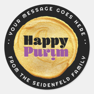 Happy Purim Elegant Gold Seal Label on Black