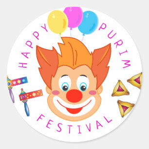 Happy Purim Festival Funny Clown Kids Party Classic Round Sticker