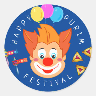 Happy Purim Festival Funny Clown Kids Party Classic Round Sticker