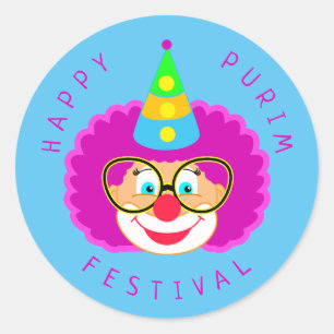 Happy Purim Festival Funny Clown Kids Party Classic Round Sticker