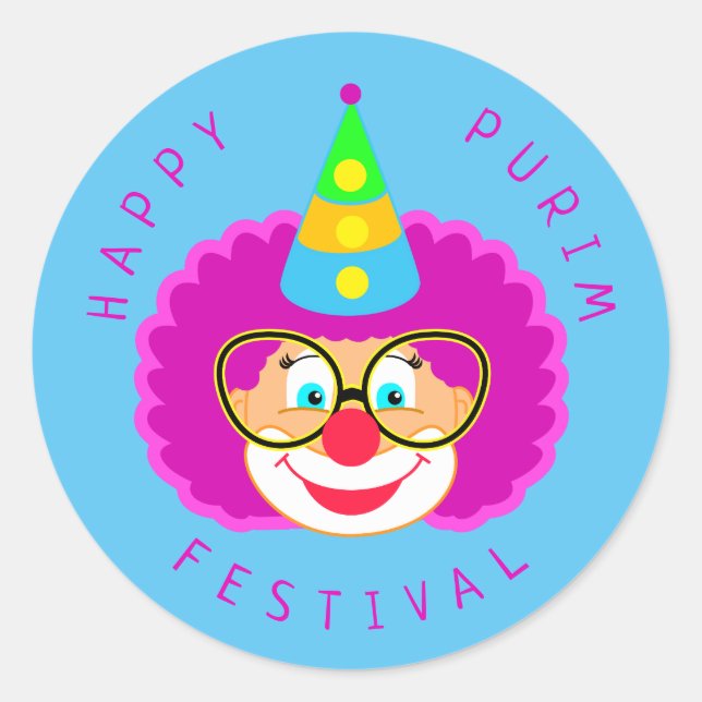Happy Purim Festival Funny Clown Kids Party Classic Round Sticker (Front)