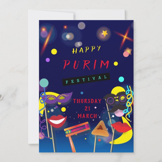 Happy Purim Festival Masquerade Kids Party Holiday Card (Front)