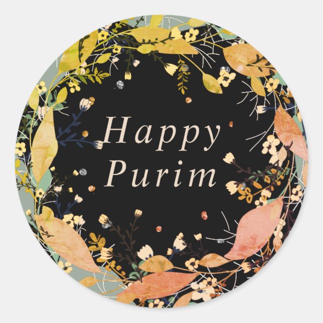 Happy Purim feuille fleurie couronne autocollant j (Devant)