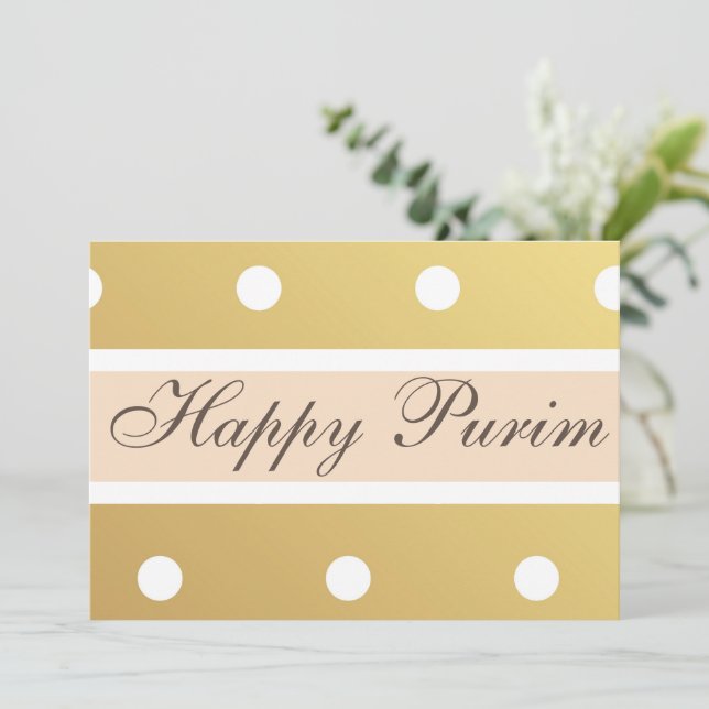 Happy Purim Flat Greeting Card Gold Polka Dots (Standing Front)