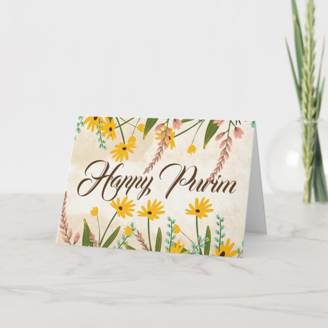 Happy Purim Folded Greeting Card Floral Yellow (Front)