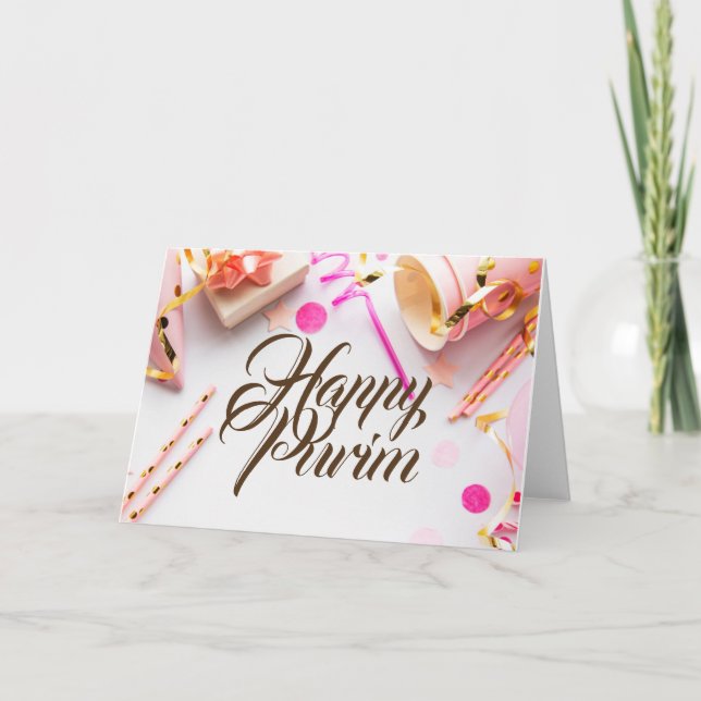 Happy Purim Folded Greeting Card Pink Pastel Party (Front)