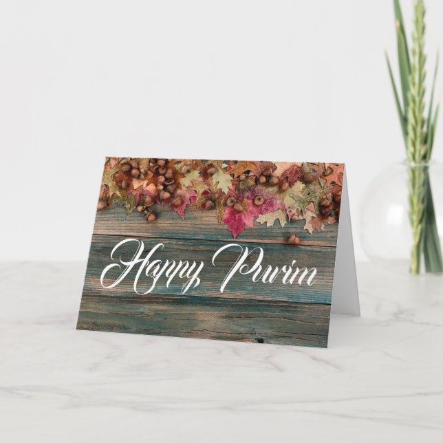 Happy Purim Folded Greeting Card Wooden Floral (Front)