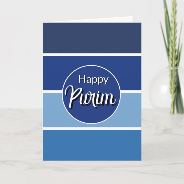 Happy Purim Greeting Card - White Blue Lines  (Front)