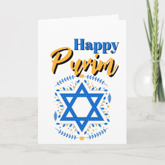 Happy Purim Greeting Card - White Blue Yellow Star