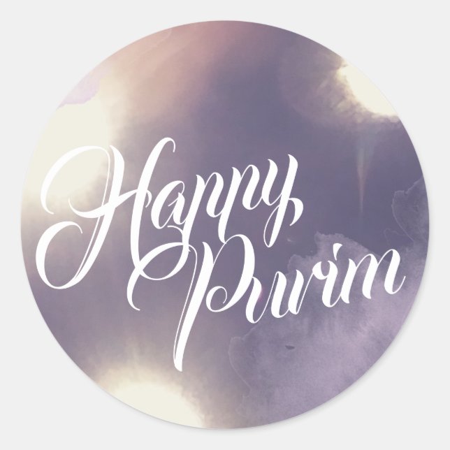 Happy Purim in Sparkle and Purple Classic Round Sticker (Front)