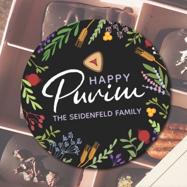 Happy Purim Personalized Floral Label on Black (Creator Uploaded)
