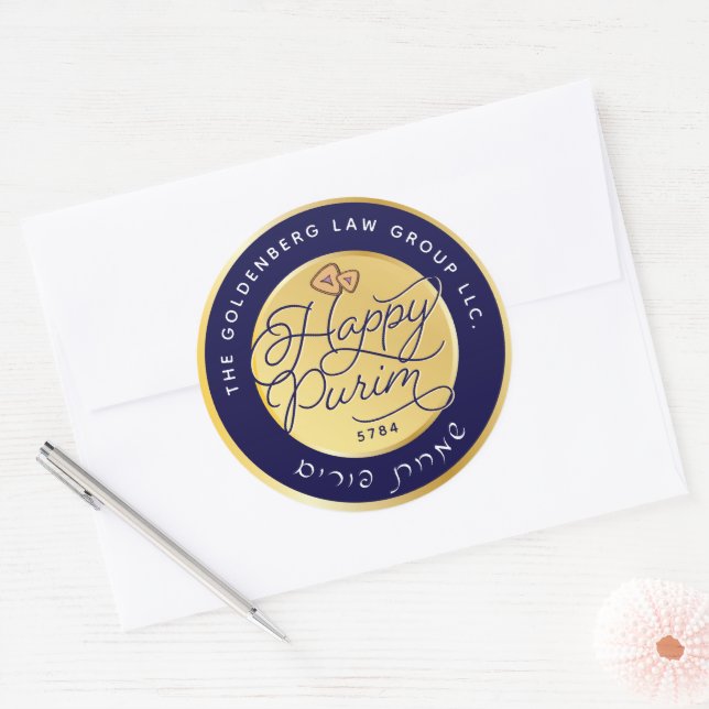 Happy Purim Purple & Gold Script Classic LARGE Classic Round Sticker (Envelope)
