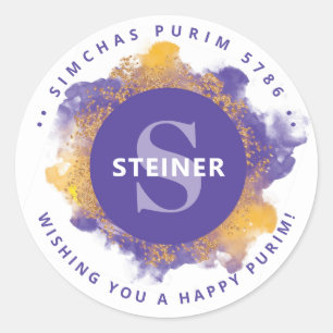 Happy Purim Purple Personalized Monogram Classic Round Sticker