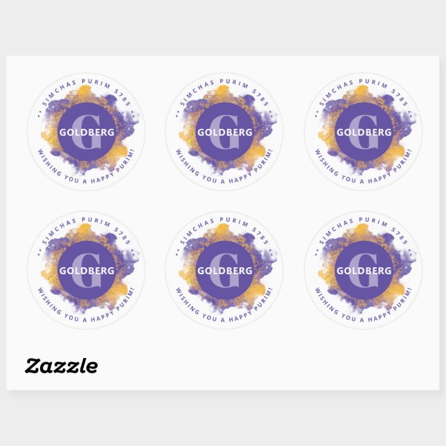  Happy Purim Purple Personalized Monogram LARGE Classic Round Sticker (Sheet)
