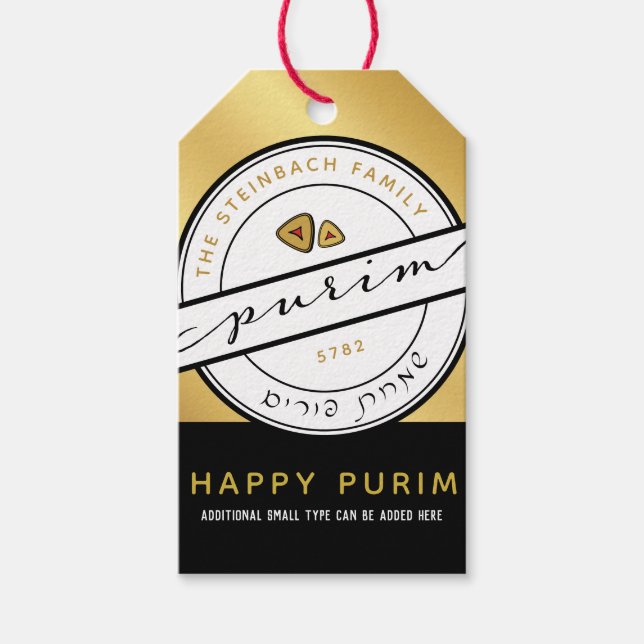 HAPPY PURIM Script Personalized Gold Gift Tag (Front)